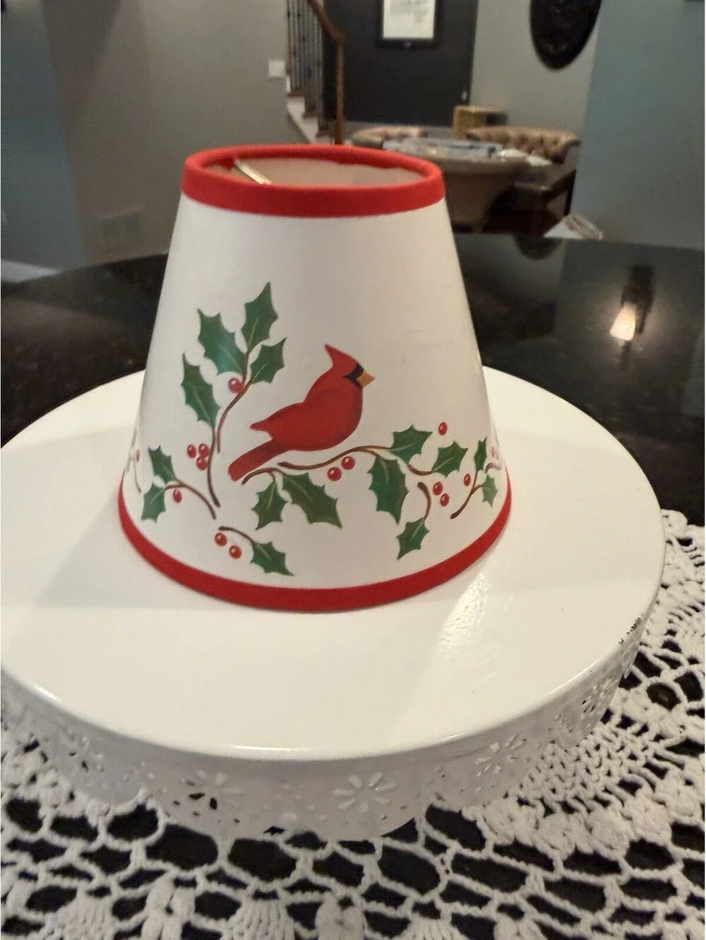 Vtg Christmas Clip On Mini Lamp Shade Cardinal & Holly Berries 4x5”